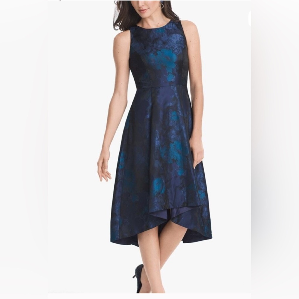 WHBM Blue Floral Sleeveless Jacquard High-Low Party Dress  Size 2